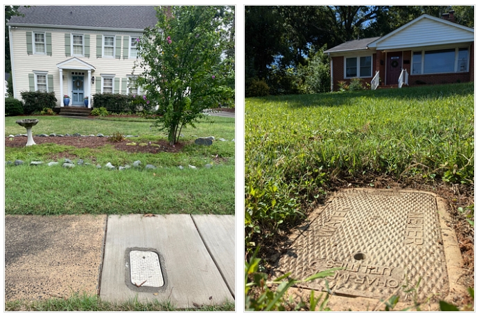 Two photos of water meters outside in yards